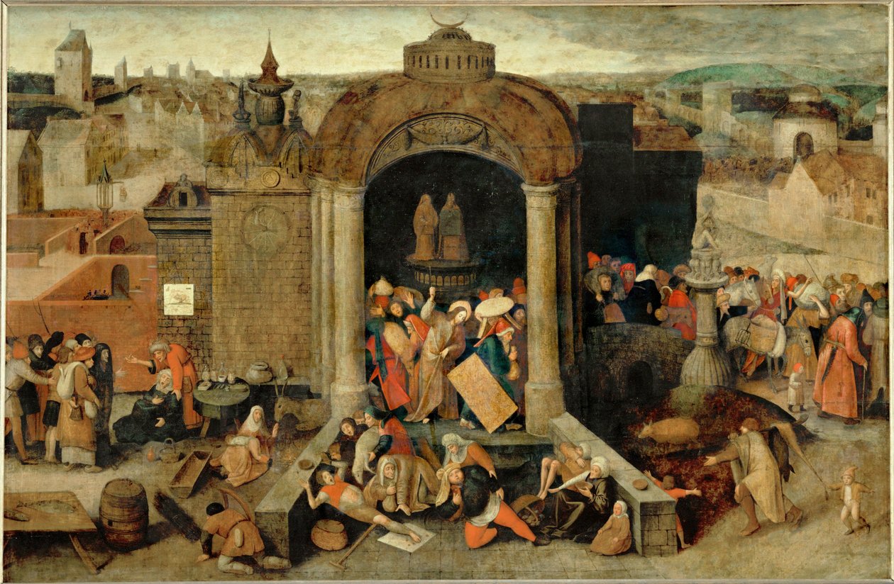 De zuivering van de Tempel (schilderij op hout) door Pieter the Elder Bruegel