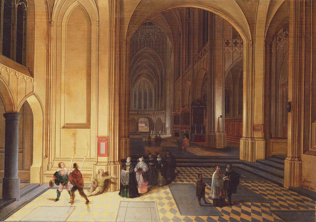 Interieur van een kathedraal met een bedelaar en andere figuren door Pieter the Elder Neeffs