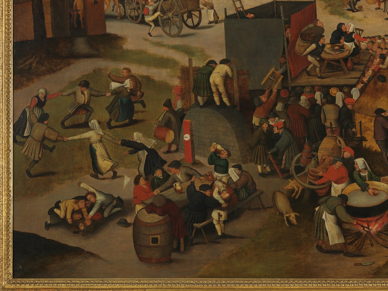 Een Dorpsfeest, Met een Theatervoorstelling en een Processie ter Ere van St Hubert en St Anthony door Pieter Brueghel the Younger