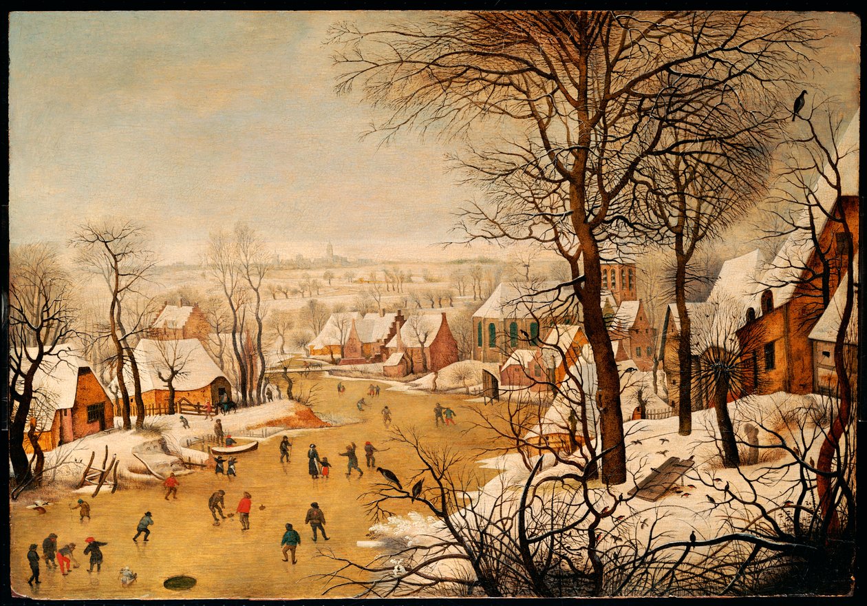Een winterlandschap met schaatsers en een vogelval door Pieter Brueghel the Younger