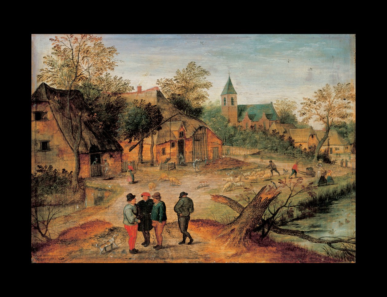 Een dorpslandschap met boeren die op de voorgrond praten, 1634 door Pieter Brueghel the Younger