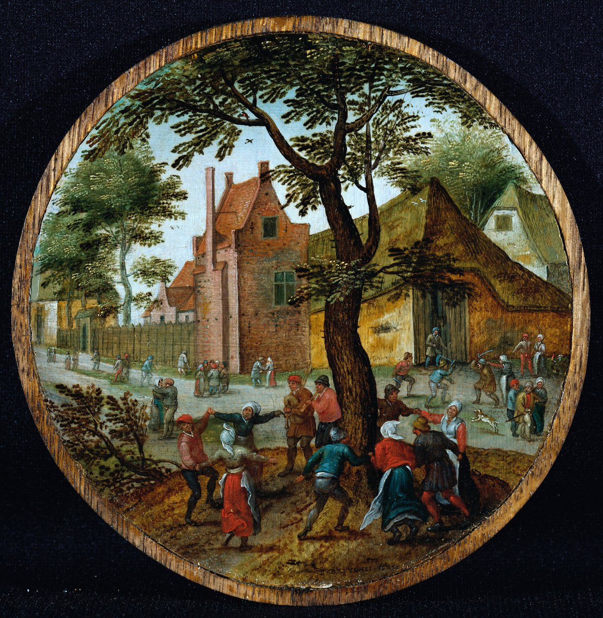 Boeren dansen rond een boom in een dorpsstraat, 1625 door Pieter Brueghel the Younger