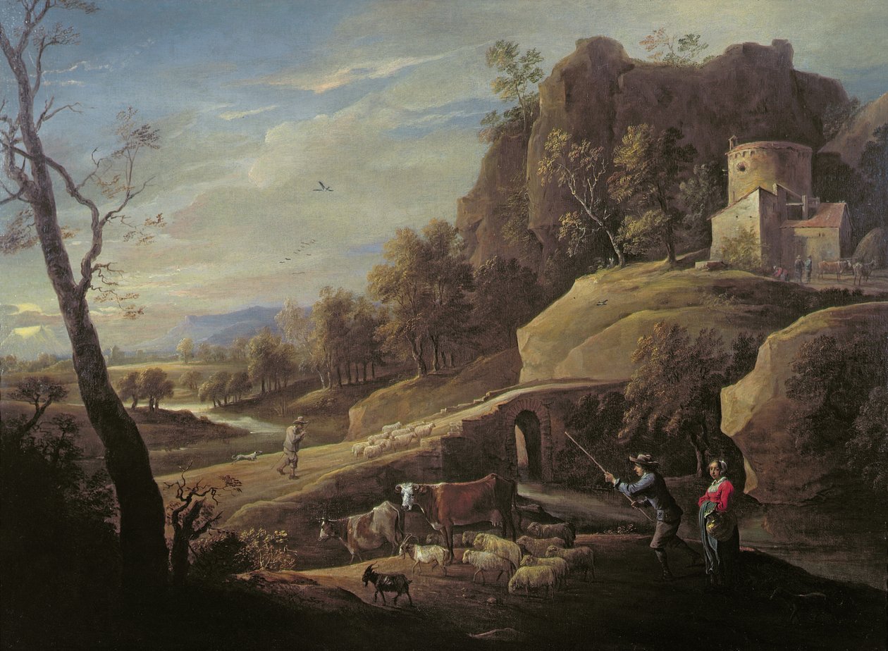 Landschap met boeren die hun dieren verzorgen door Pieter the Younger Mulier
