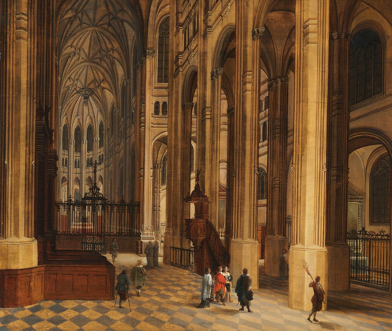 Kerkinterieur (Gezicht in het koor van St. Eustache, Parijs) (olieverf op hout) door Pieter the Younger Neeffs