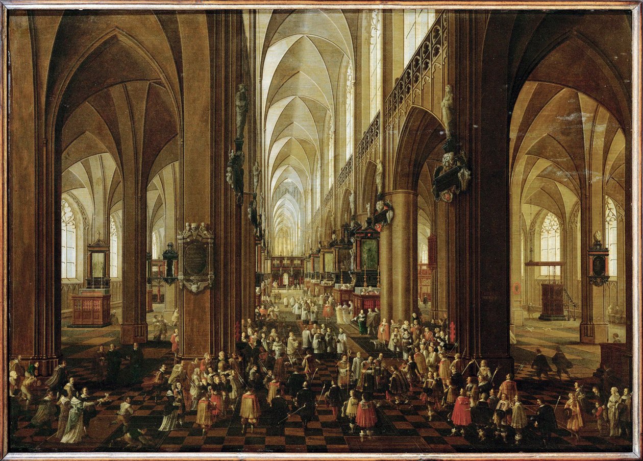 Interieur van de Notre Dame van Antwerpen, Aartshertog Leopold Wilhelm ontvangen door het kapittel (schilderij op eikenhout) door Pieter the Younger Neefs