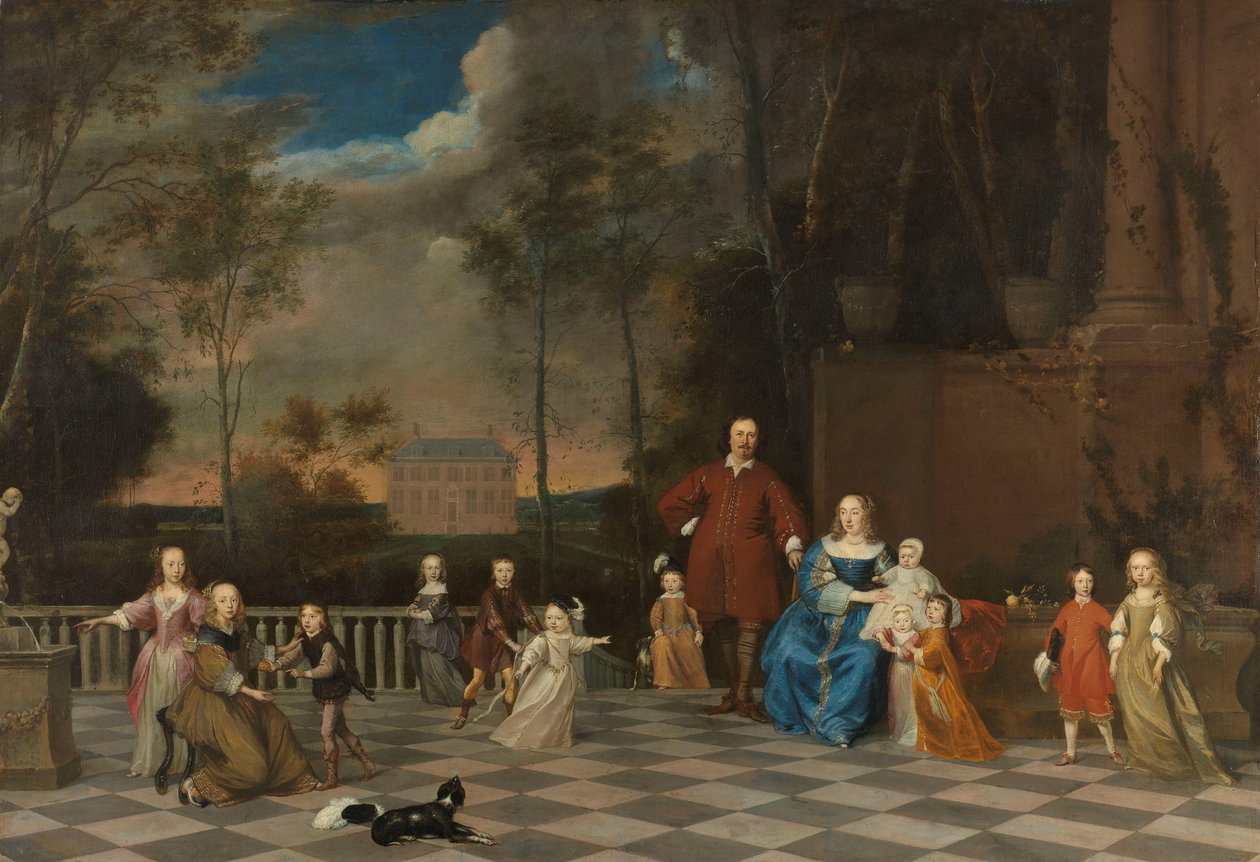 De Amsterdamse koopman Jeremias van Collen (1619-1707) met zijn vrouw en hun twaalf kinderen door Pieter van Anraedt (attributed to)