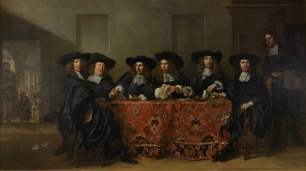 Zes regenten en de huismeester van het Oude Zijds Instituut voor de Buitenzorg van de Armen, Amsterdam, 1675 door Pieter van Anraedt