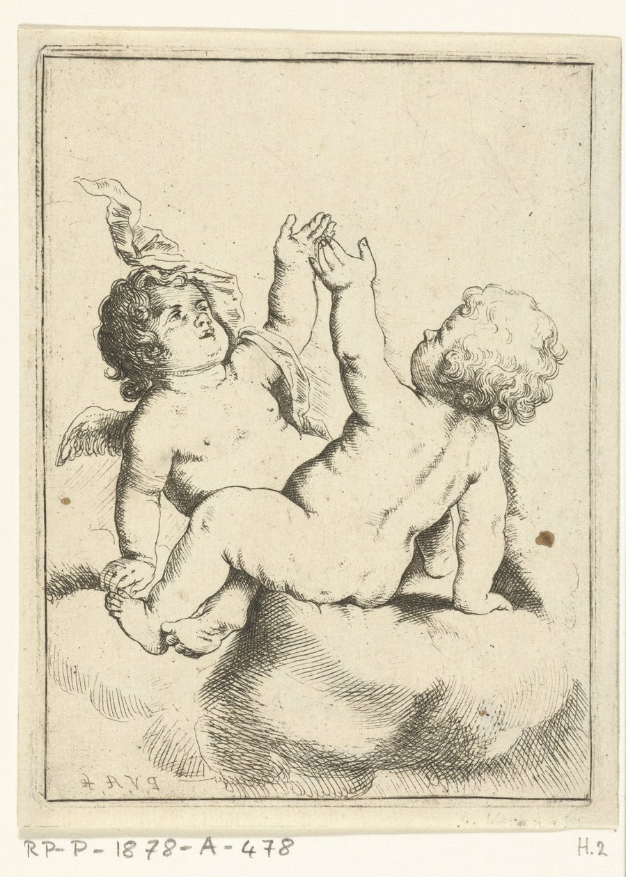 Een engel en een kind op een wolk door Pieter van Avont