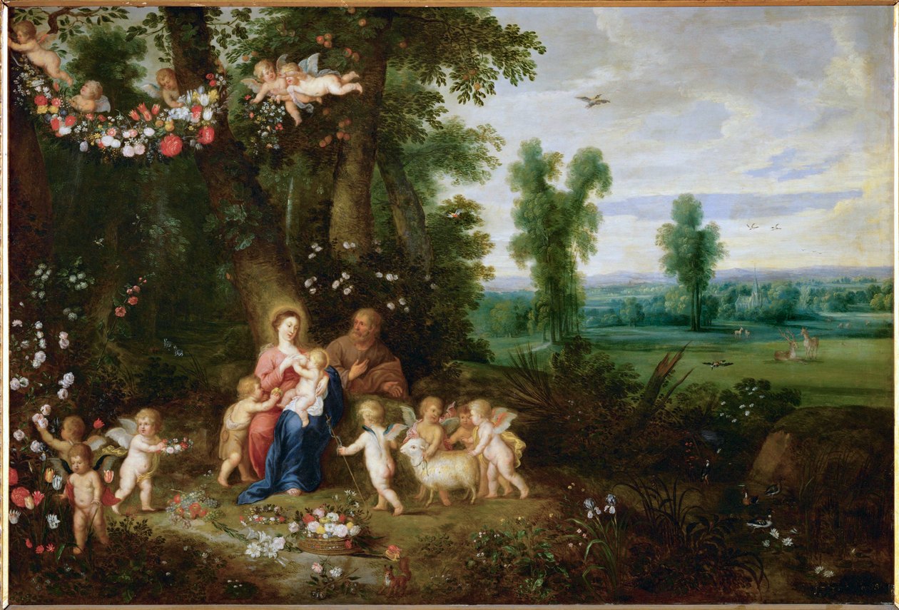 De Heilige Familie met Johannes de Doper en engelen (schilderij op koper) door Pieter van Avont