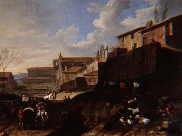 Capriccio uitzicht met kerken, huisjes en reizigers door Pieter van Bloemen