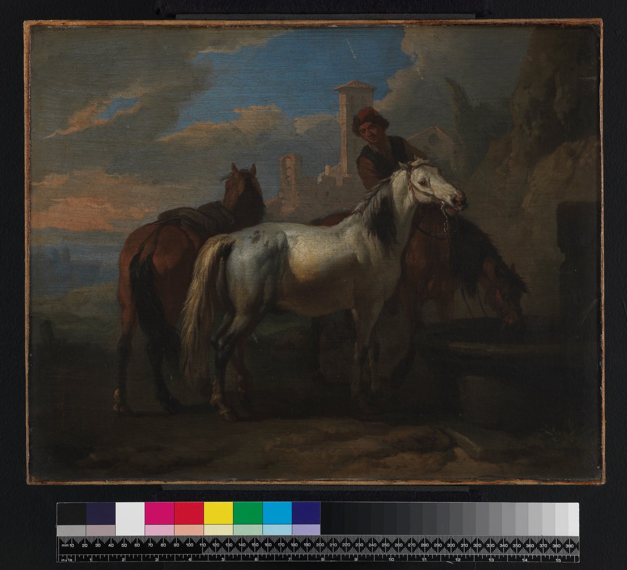 Paarden drinken bij een fontein, voor 1720 door Pieter van Bloemen
