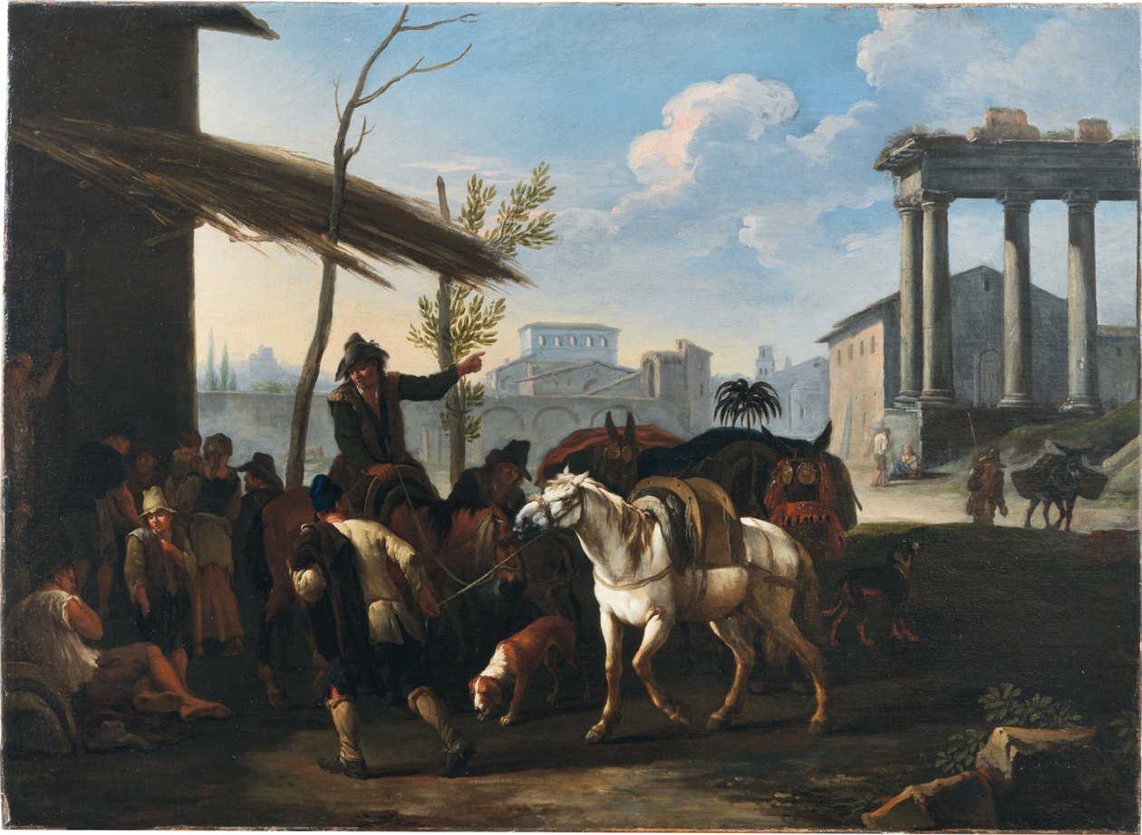Boeren buiten een herberg, een stad en oude ruïnes daarachter door Pieter van Bloemen