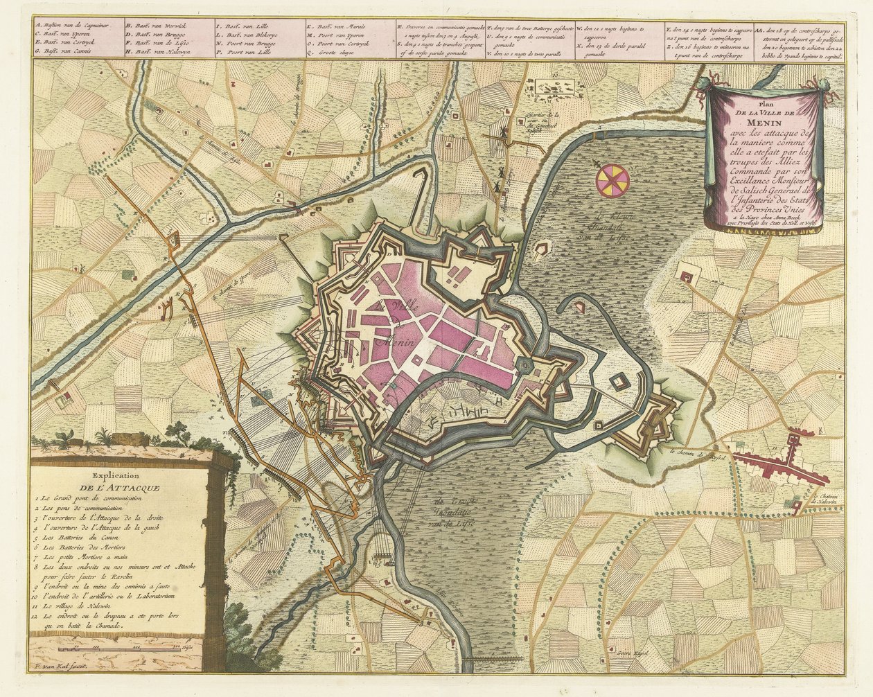 Kaart van het beleg van Menen, 1706 door Pieter van Call (II)
