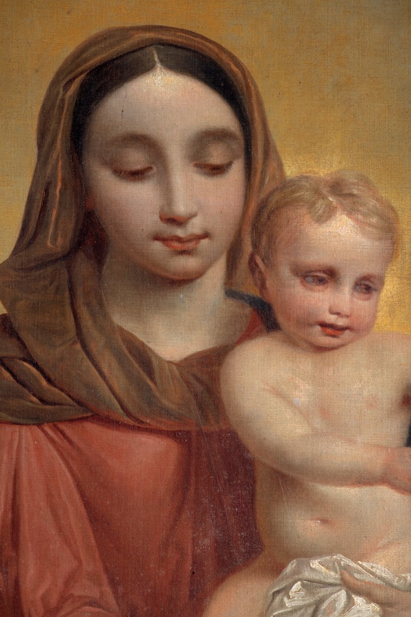 Binnenaanzicht, schilderij "Onze-Lieve-Vrouw met Kind met Rozenkrans", altaarstuk op het hoofdaltaar door P. Van Hanselaere door Pieter van Hanselaere