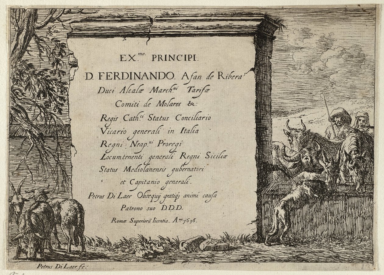 Stier, koe, paard en ezel bij een fontein door Pieter van Laer