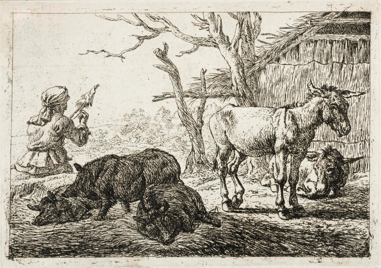 Varkens en ezels bij een stal, links een vrouw-spinner door Pieter van Laer