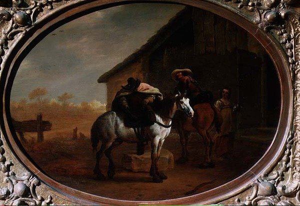 Reizigers verlaten een herberg door Pieter van Laer