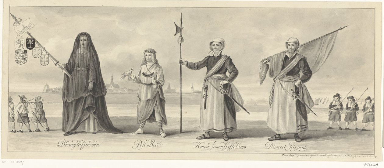 Optocht van de rederijkerskamer van Haarlem bij de herdenking van het beleg van Haarlem, ca. 1660 door Pieter van Looy (signed by artist)