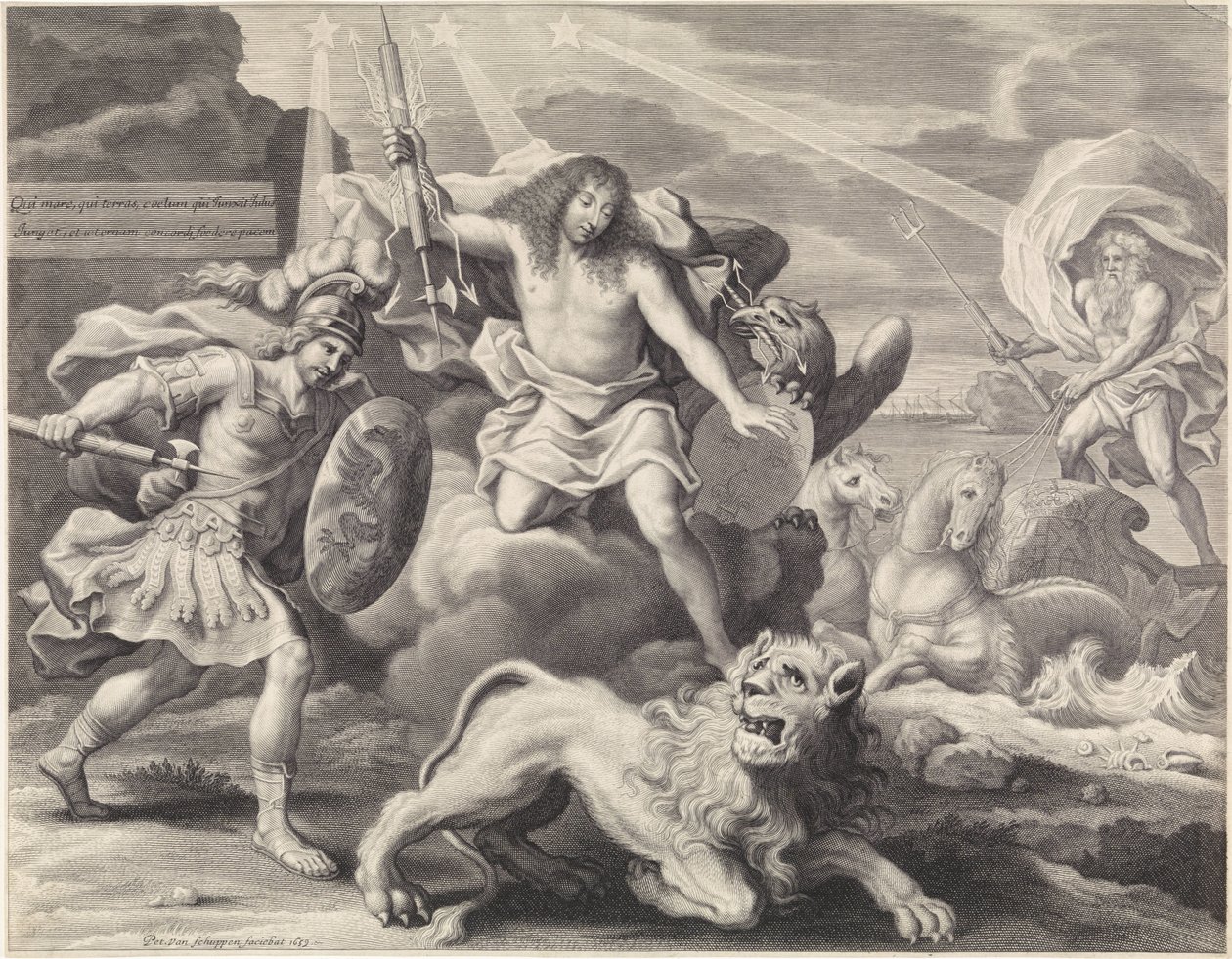 Promotieprent met allegorische voorstelling van Lodewijk XIV als Jupiter, 1659 door Pieter van Schuppen
