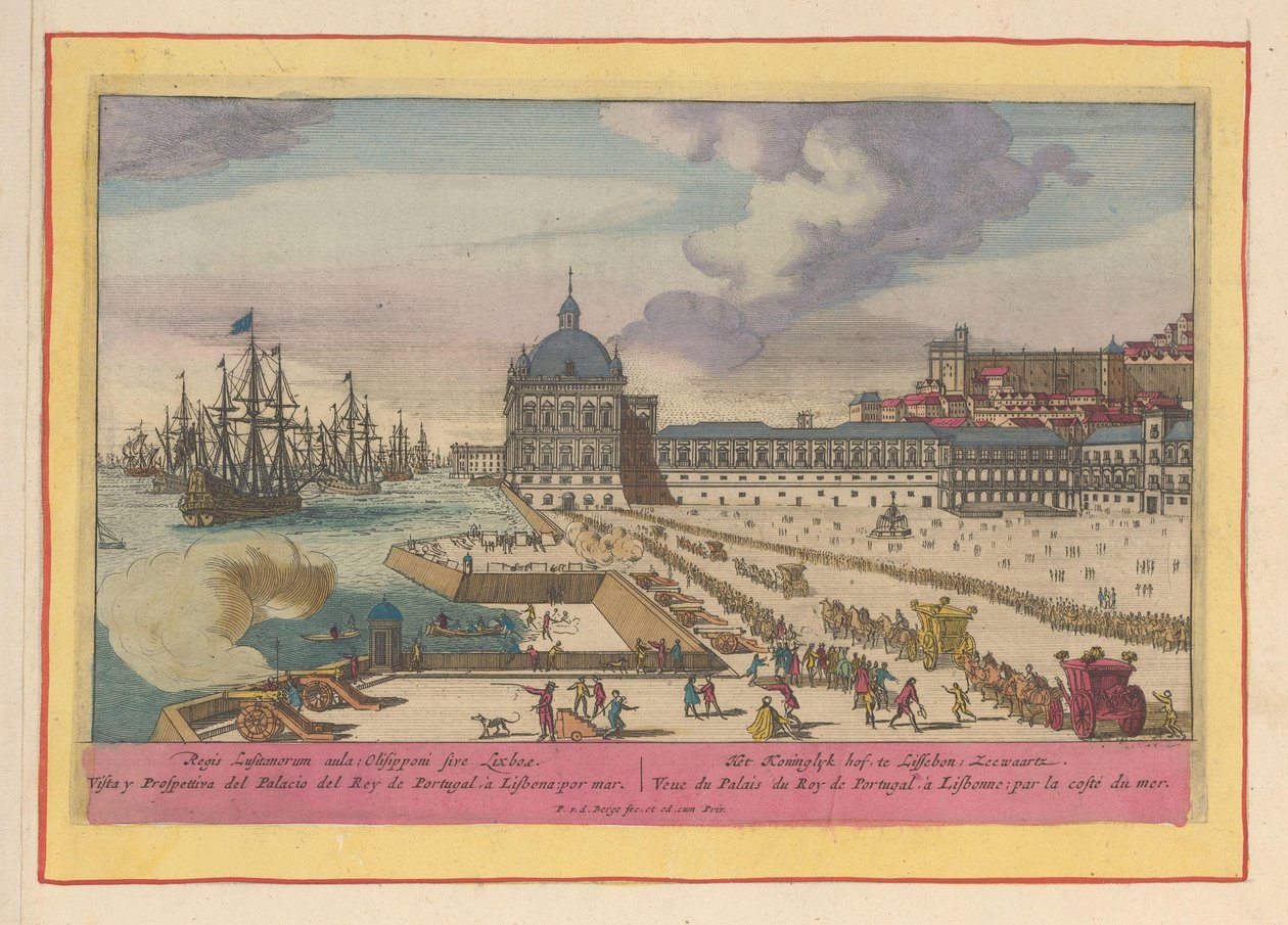 Gezicht op het Koninklijk Paleis te Lissabon en het voorplein met mensen door Pieter van den Berge