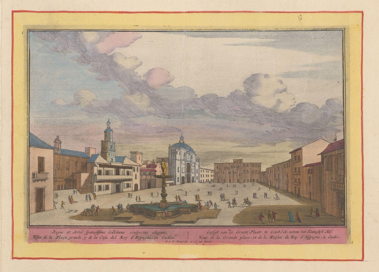 Gezicht op het grote plein in Cádiz door Pieter van den Berge