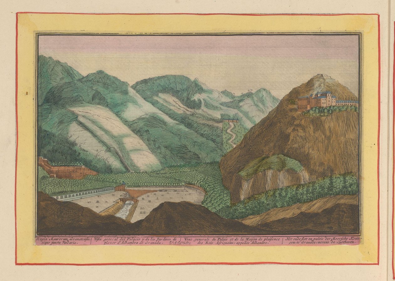 Gezicht op het paleis en de tuinen van de Moorse koningen te Granada door Pieter van den Berge