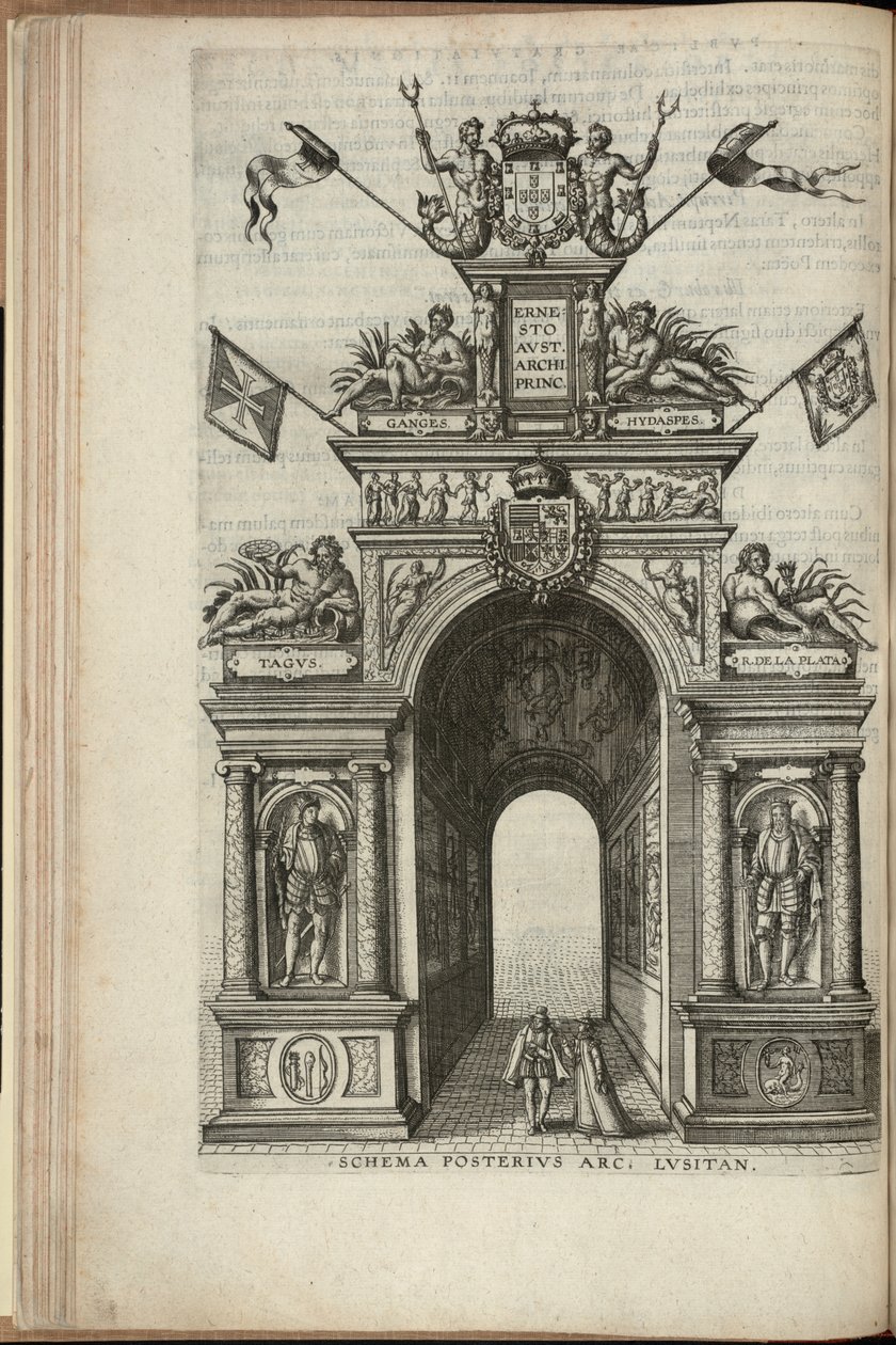 Rivieren Tagus, Plata, Ganges en Hydaspes. De achterkant van de Portugese triomfboog, Intocht van Ernst, Aartshertog van Oostenrijk, in Antwerpen, gepubliceerd 1595 (gravure) door Pieter van der Borcht