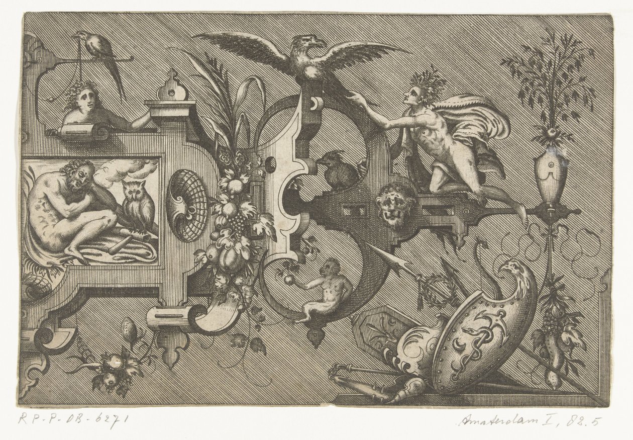 Rechterhelft van een grote cartouche met een voorstelling van de Nacht door Pieter van der Heyden