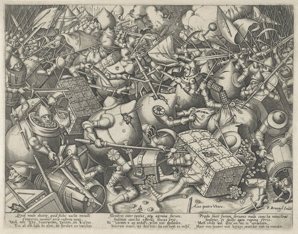 Strijd tussen de geldzakken en de geldkisten door Pieter van der Heyden