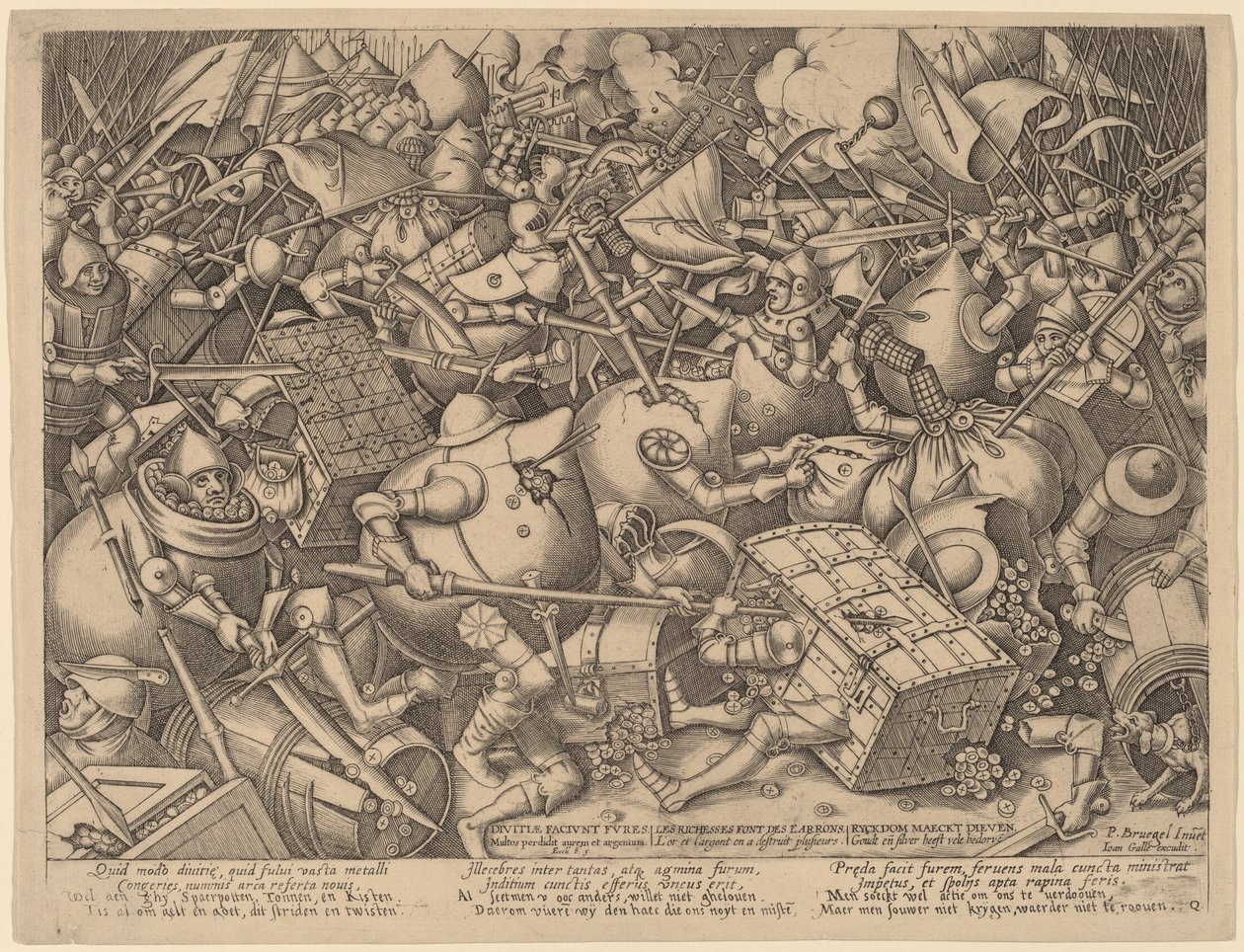 De Slag van de Geldzakken en de Sterke Kisten door Pieter van der Heyden after Pieter Bruegel the Elder