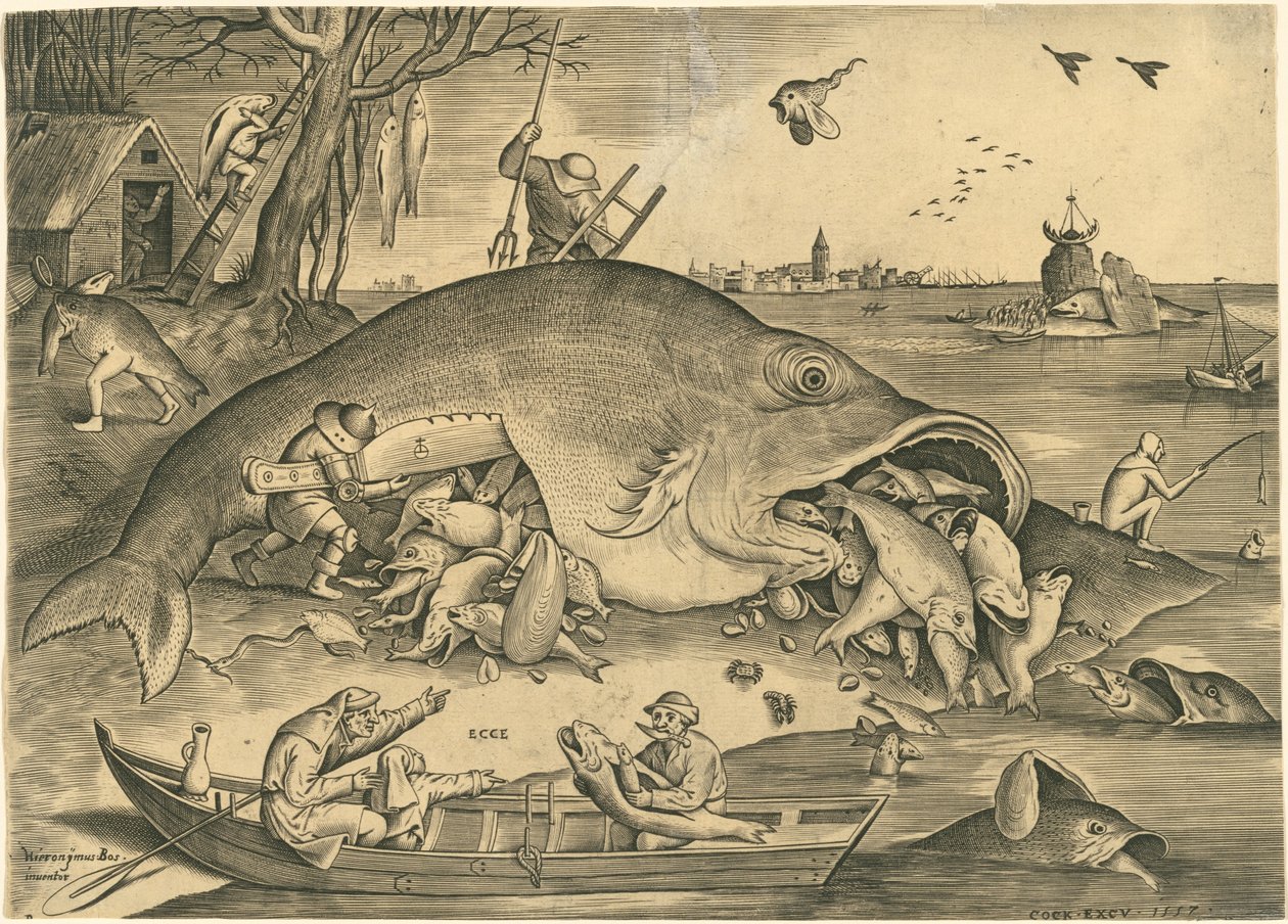 De Grote Vissen Eten de Kleine Vissen door Pieter van der Heyden after Pieter Bruegel the Elder