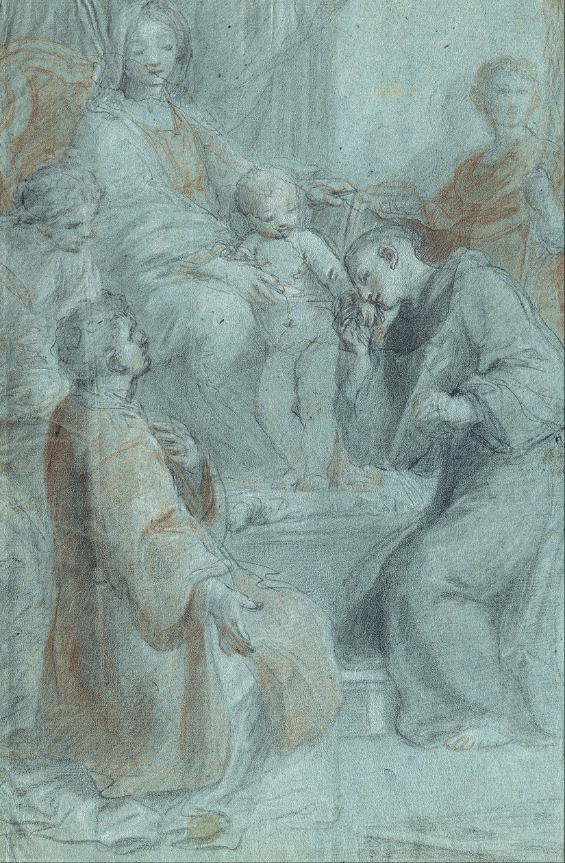 Madonna en Kind op de Troon met Heiligen Laurentius, Antonius van Padua, Praxedes en Venantius door Pietro De Pietri