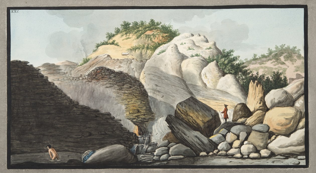 Uitzicht op de hete bron, Pisciarelli, van een deel van de kegel van de Solfaterra, Plaat XXI uit 
