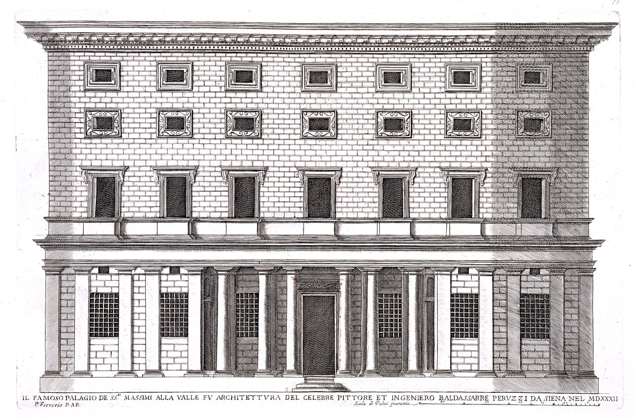 Uitzicht op de gevel van Palazzo Massimi alla Valle, Rome, ontworpen door Baldassarre Peruzzi in 1532 door Pietro Ferrerio