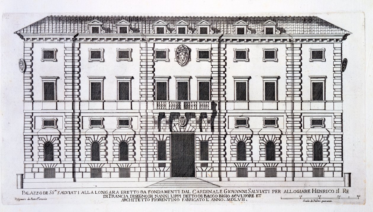 Uitzicht op de gevel van Palazzo Salviati in Rome, in opdracht van Kardinaal Giovanni Salviati om Henry, Koning van Frankrijk, te huisvesten, ontworpen door Nanni di Baccio Bigio (d.c.1568) in 1557 door Pietro Ferrerio