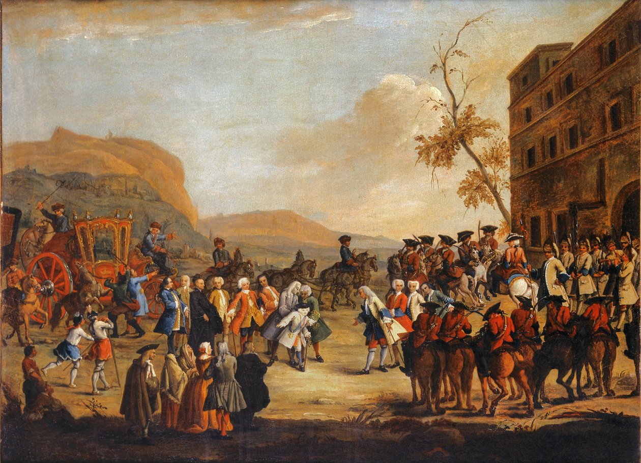 Ontvangst van Kroonprins Friedrich Christian aan de grens van de Republiek Venetië, 1739 door Pietro Longhi