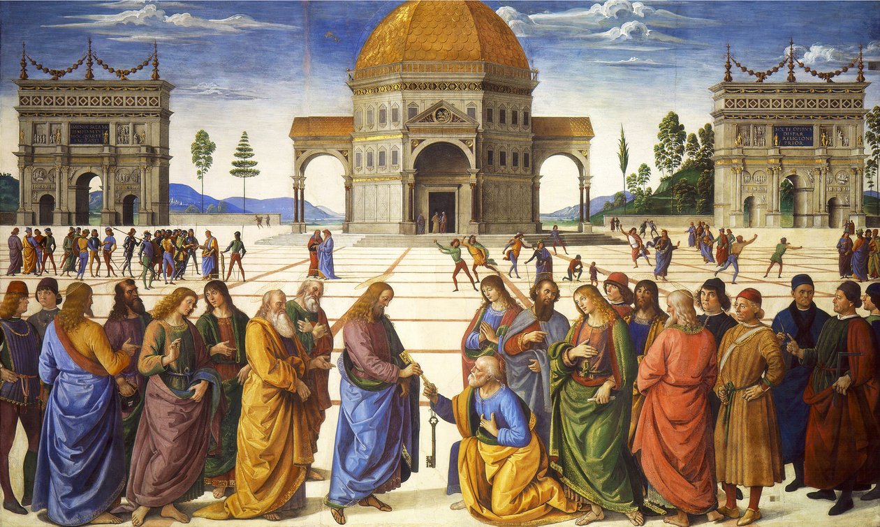 Overhandiging van de Sleutels aan Sint-Pieter, uit de Sixtijnse Kapel, 1481 door Pietro Perugino