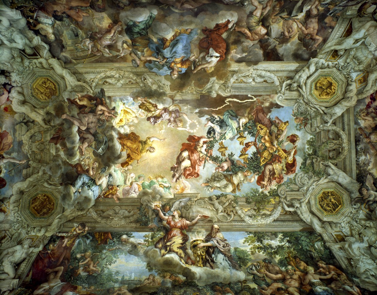 Allegorie van de Goddelijke Voorzienigheid en de Macht van Barberini, Plafond van de Hal van het Palazzo Barberini, Rome, Italië, 1633-39 door Pietro da Cortona
