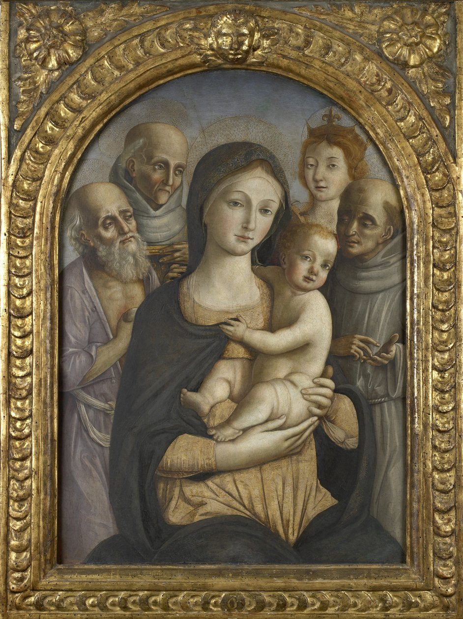 De Maagd en het Kind met de heiligen Jerome, Bernardino van Siena, Catharina van Alexandrië en Franciscus, 15e eeuw door Pietro di Francesco degli Orioli