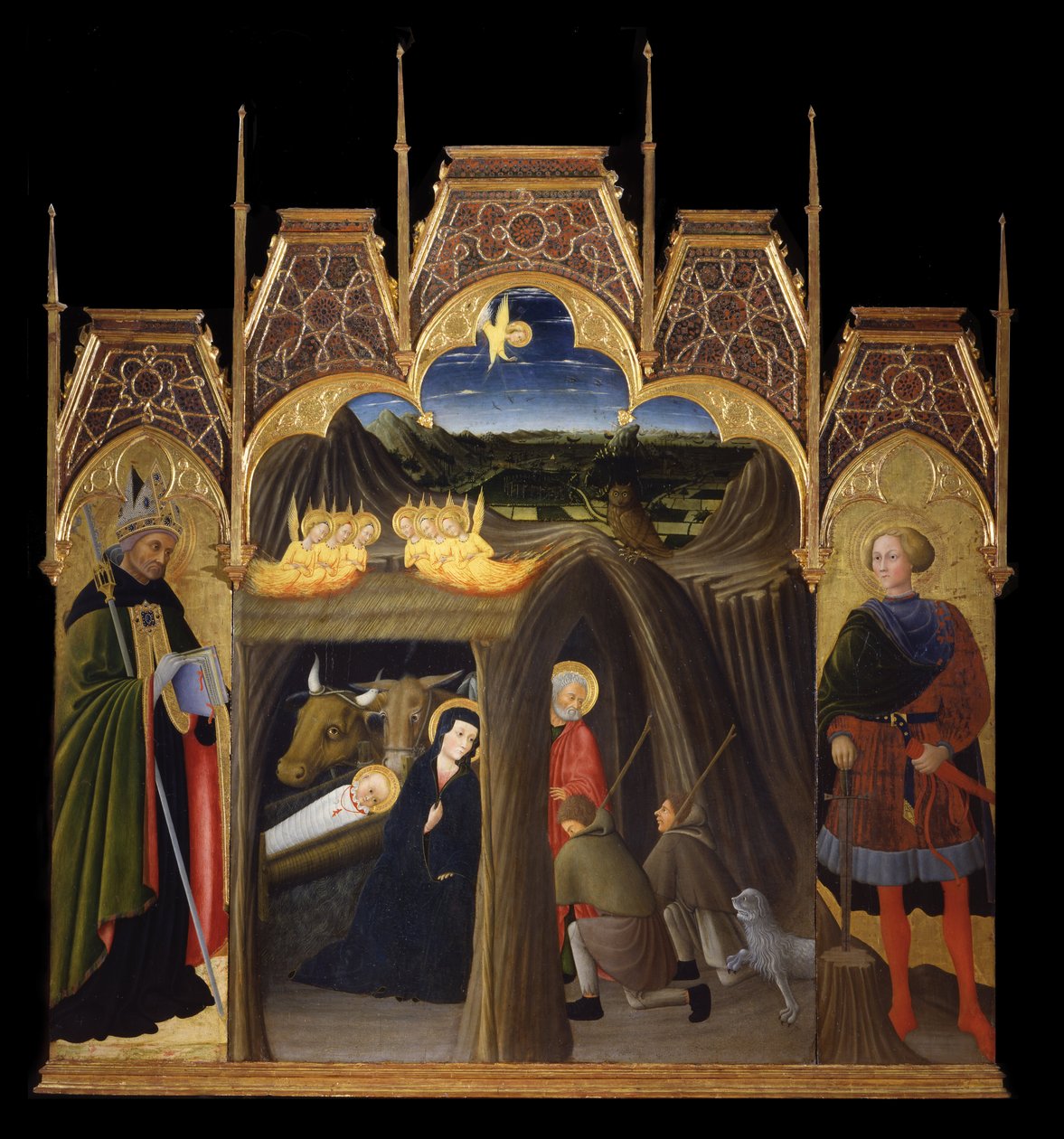 Aanbidding van de herders tussen de heiligen Augustinus en Galgano door Pietro di Giovanni