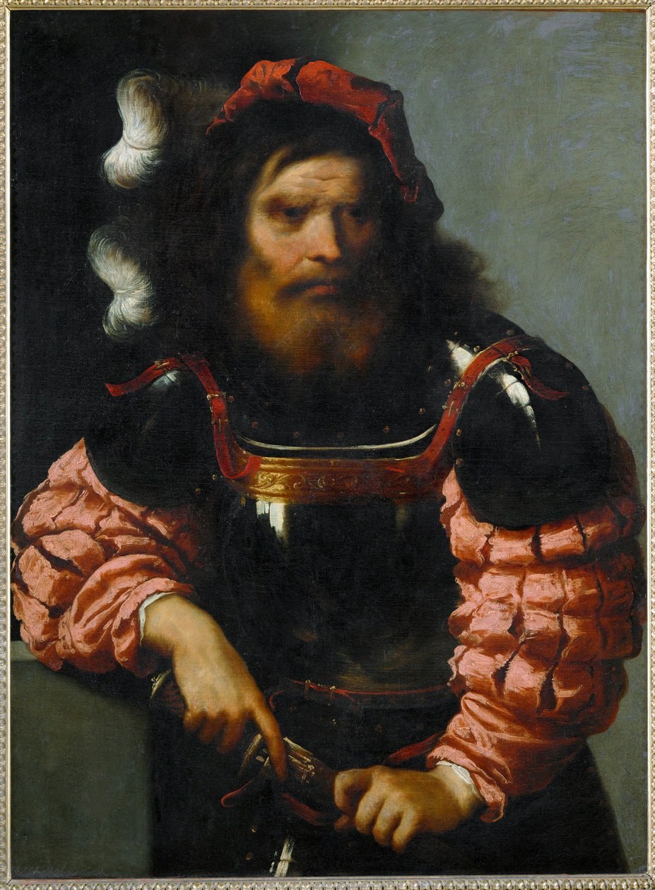 Krijger in harnas, die zijn zwaard trekt (schilderij op doek) door Pietro (1605-78) Della Vecchia