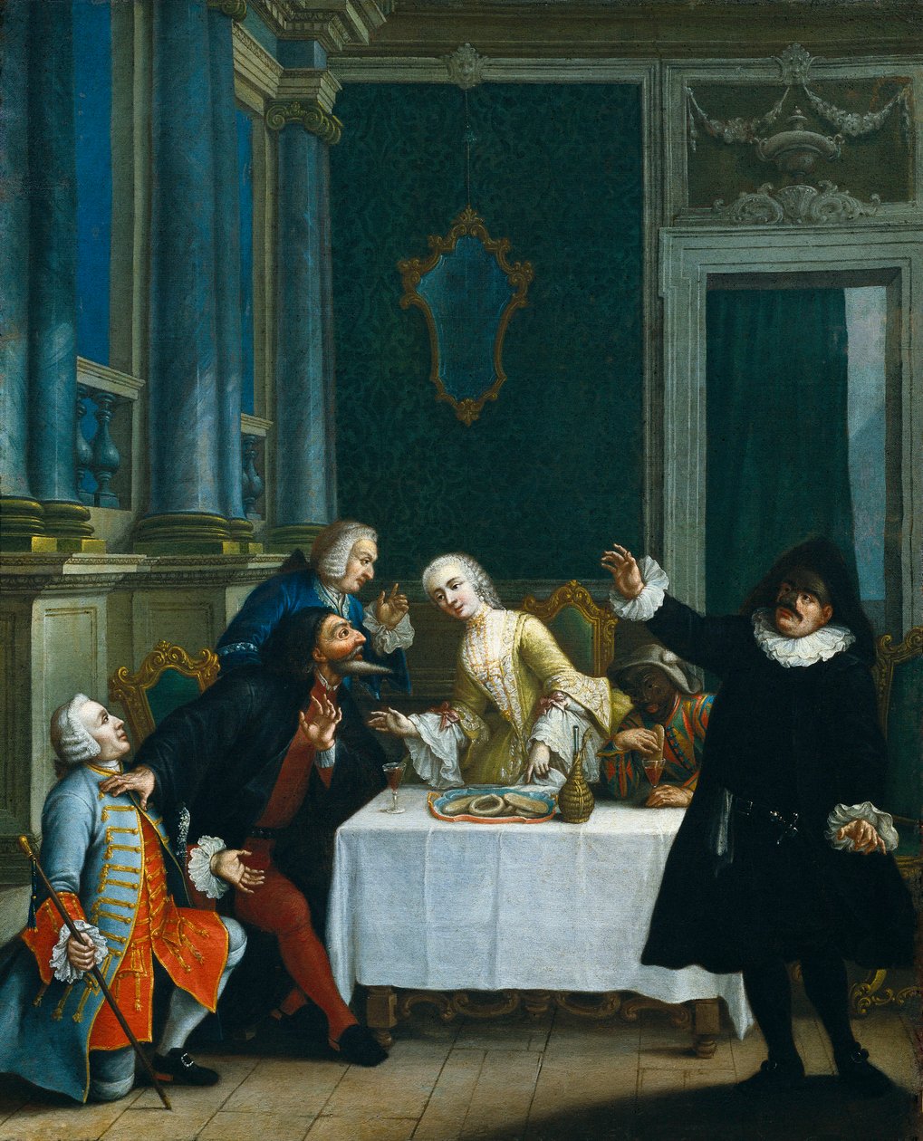 De snack met de maskers (detail) door Pietro (school of) Longhi