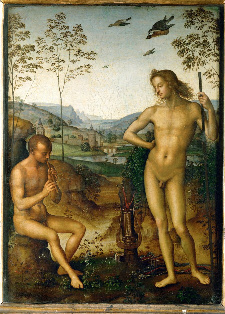 Apollon et Marsyas - Apollo en Marsyas ... door Pietro (studio of) Perugino