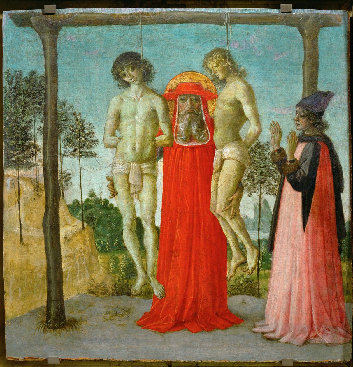 Hiëronymus ondersteunt twee gehangen jonge mannen ... door Pietro (studio of) Perugino