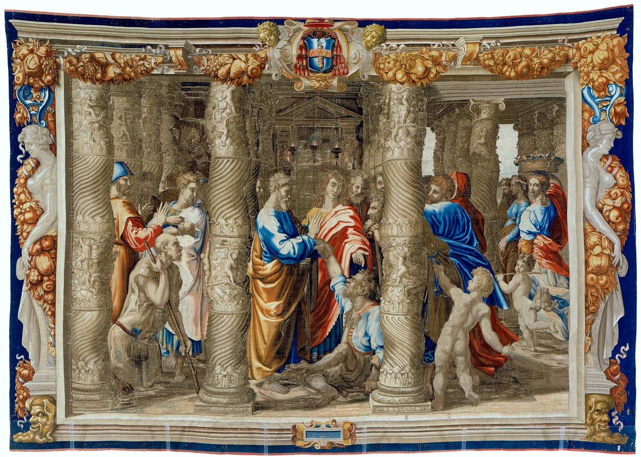 Zeventiende-eeuws wandtapijt dat de Genezing van de Kreupele afbeeldt door Pietro 1579 1669 Fevère