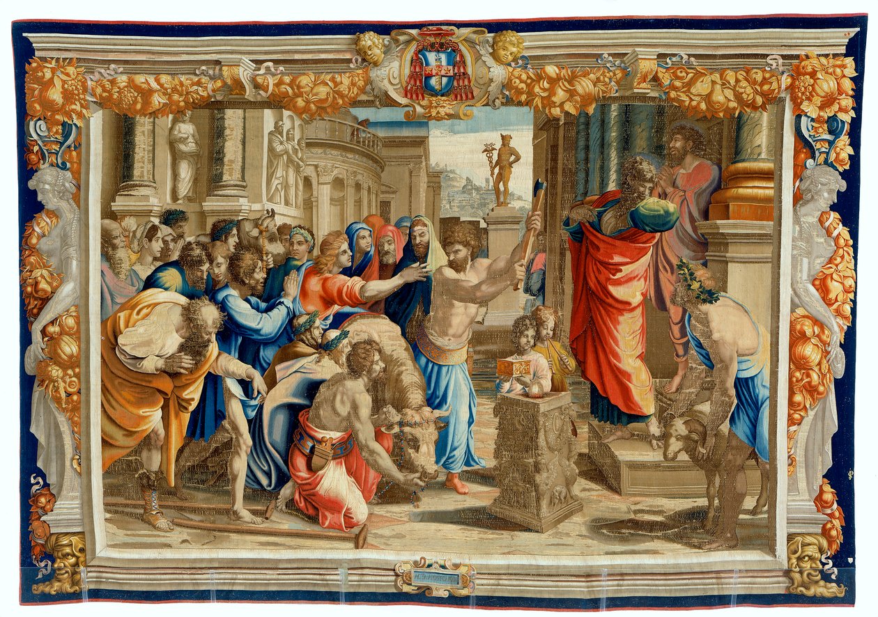 Zeventiende-eeuws wandtapijt dat het Offer van Lystra afbeeldt door Pietro 1579 1669 Fevère