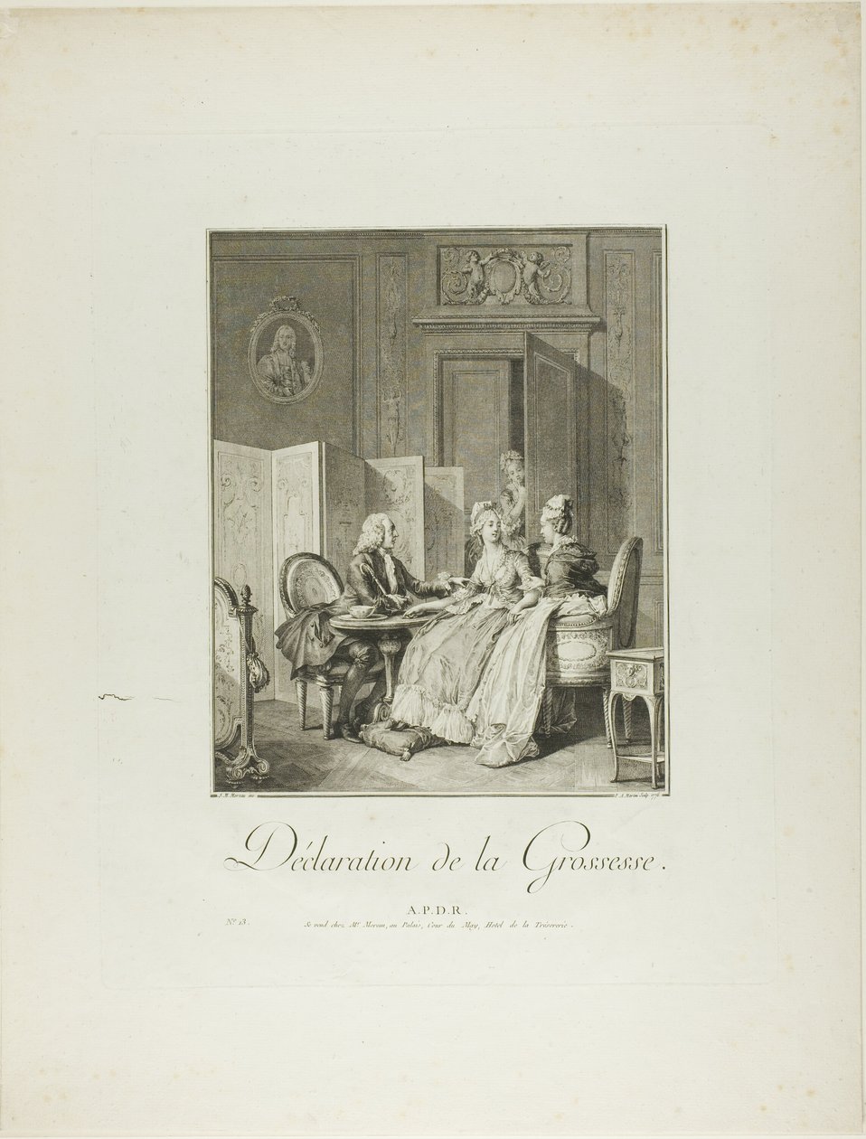 Aankondiging van zwangerschap, uit Monument du Costume Physique et Moral de la fin du Dix-huitième siècle door Pietro Antonio Martini