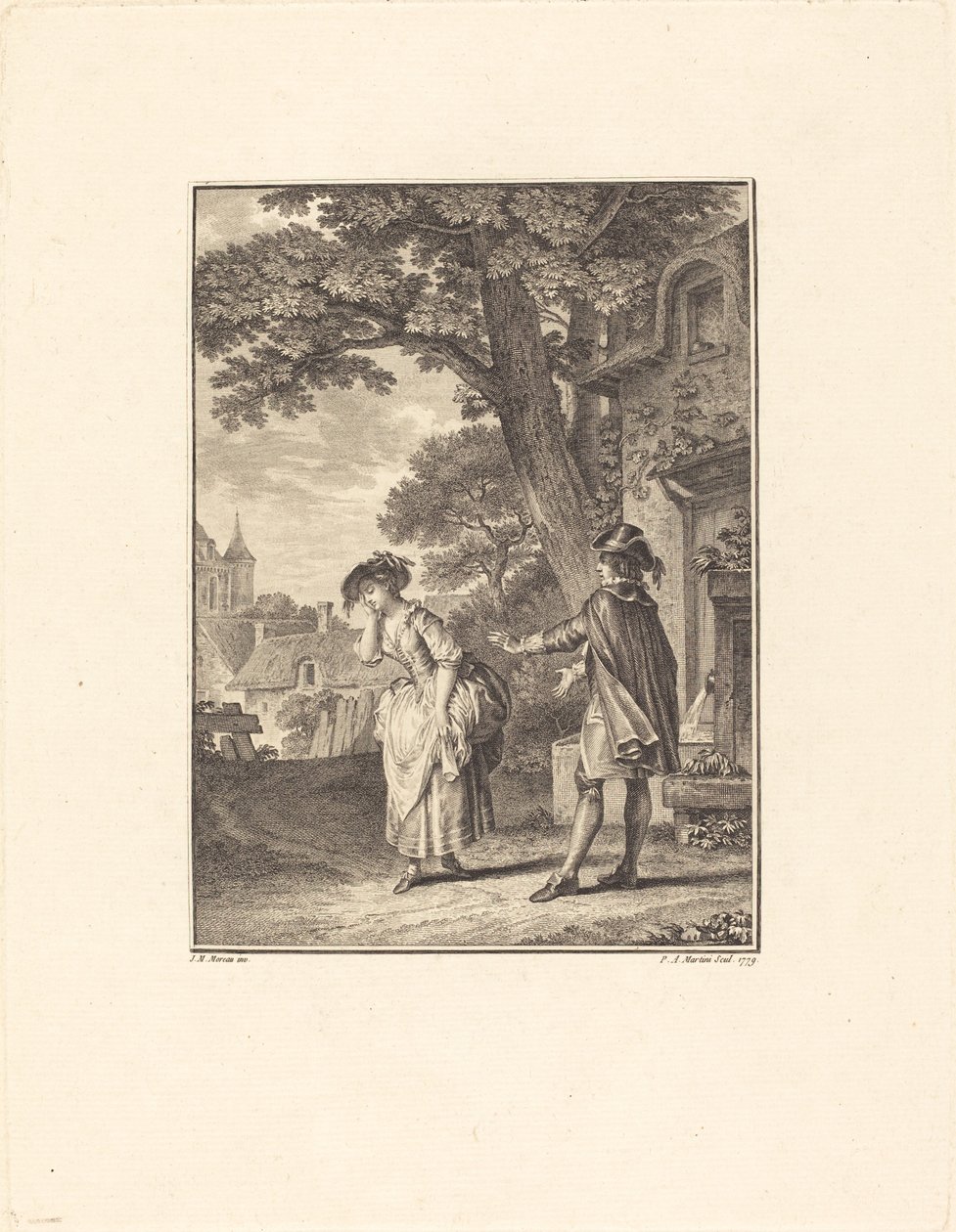 Le Devin du Village (Colette huilt) door Pietro Antonio Martini after Jean Michel Moreau