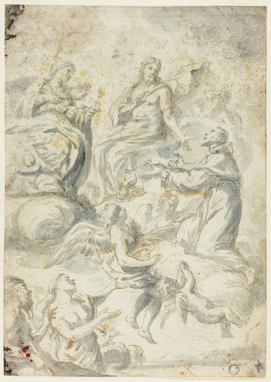 Sint Nicolaas van Tolentino doet voorbede bij Christus en Madonna voor zielen in het voorgeborchte door Pietro Antonio Novelli