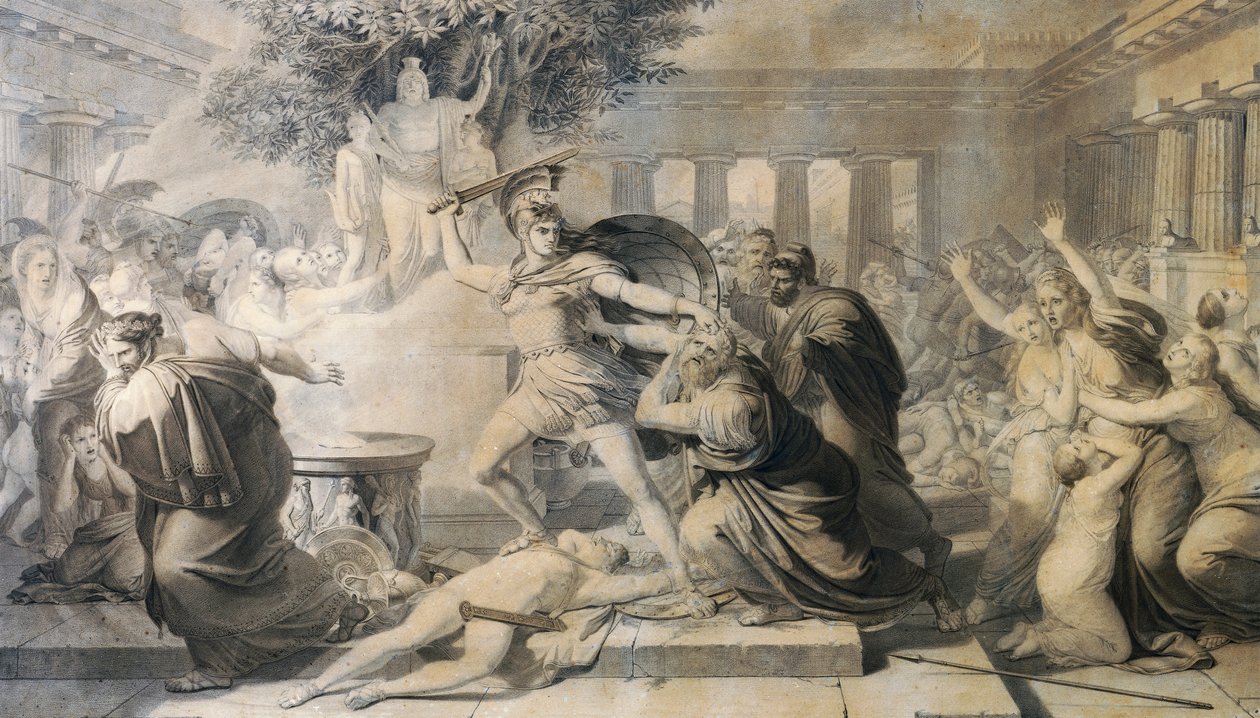 Dood van Priamus, door Pietro Benvenuti, prent van schilderij uit 1811 door Pietro Benvenuti